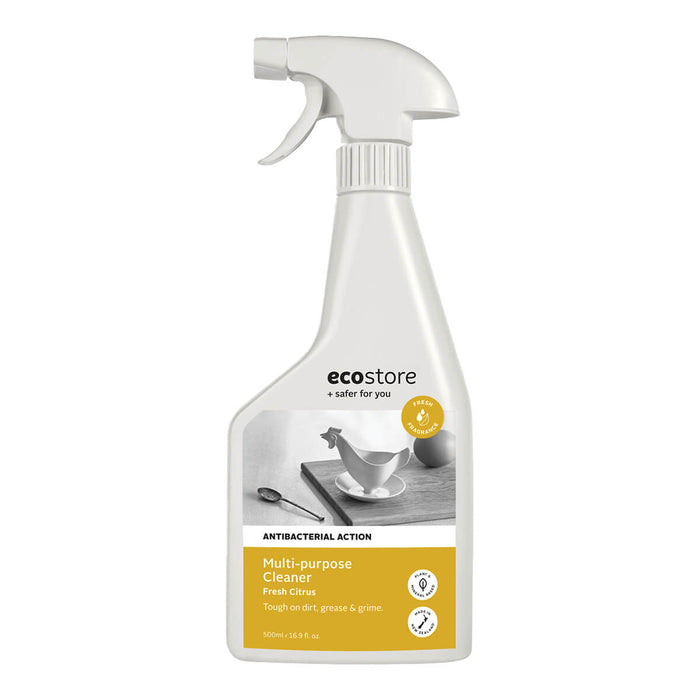A white spray bottle labeled 'ecostore Multi-purpose Cleaner' with a yellow and grey label, showing a picture of a clean kitchen bench.