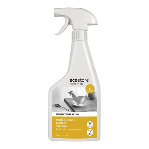 A white spray bottle labeled 'ecostore Multi-purpose Cleaner' with a yellow and grey label, showing a picture of a clean kitchen bench.