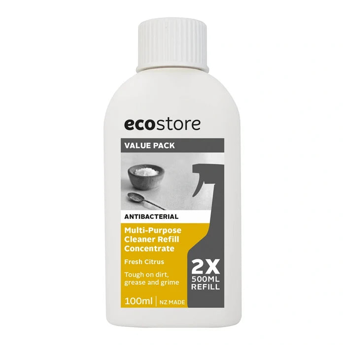 Front of 100ml bottle of antibacterial multipurpose cleaner refill concentrate - fresh citrus. Refills 2x 500ml bottles.