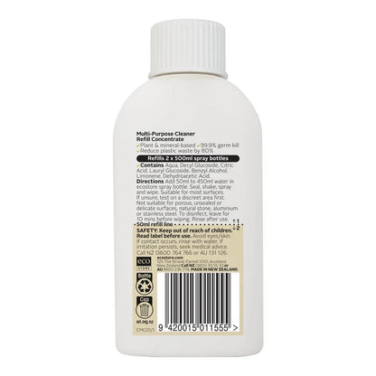 Back of multipurpose cleaner refill concentrate showing ingredients, directions. Reduce plastic waste by 80%, plant & mineral based, 99.9% germ kill.