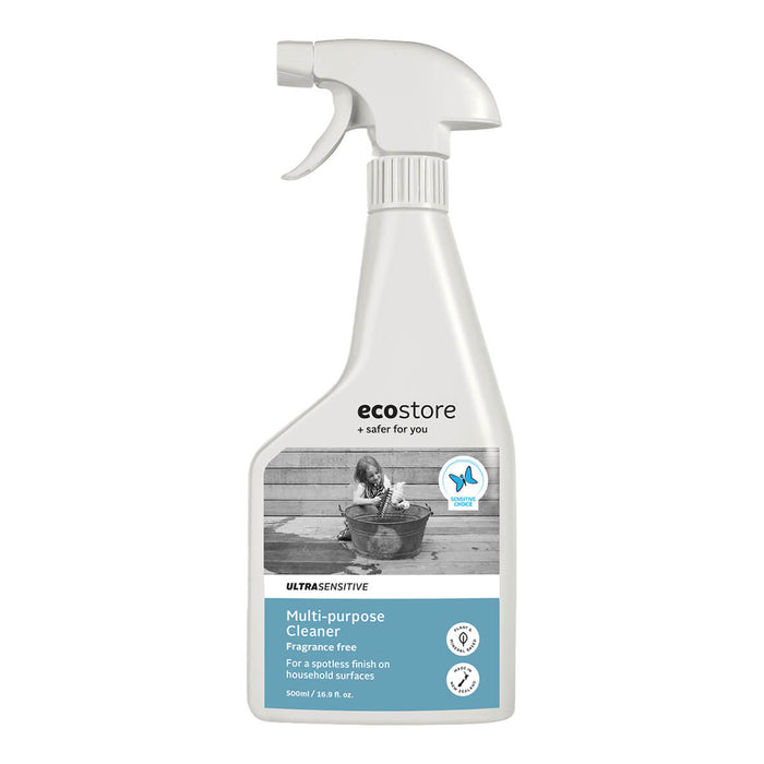 A white spray bottle labeled ecostore Ultra Sensitive Multi-purpose Cleaner with a blue and grey label featuring an image of a child playing with water.