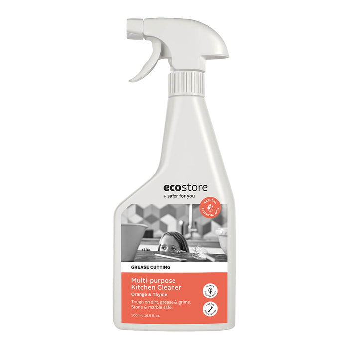A white spray bottle labeled ecostore Multi-purpose Kitchen Cleaner with an image of a kitchen sink and orange and thyme fragrance indicated.