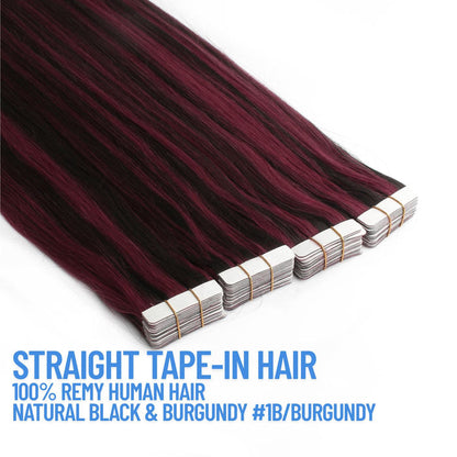 Natural Black & Burgundy Highlight #1B/Burgundy Tape-In Hair Extensions – 100% Remy Human Hair | 20 Tapes (50g) | 10’’–30’’ | Reusable
