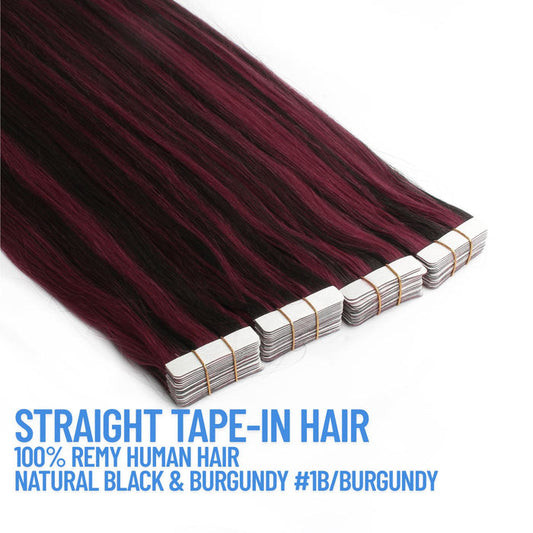 Natural Black & Burgundy Highlight #1B/Burgundy Tape-In Hair Extensions – 100% Remy Human Hair | 20 Tapes (50g) | 10’’–30’’ | Reusable