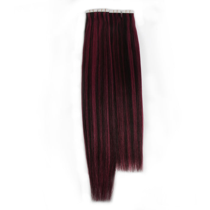 Natural Black & Burgundy Highlight #1B/Burgundy Tape-In Hair Extensions – 100% Remy Human Hair | 20 Tapes (50g) | 10’’–30’’ | Reusable