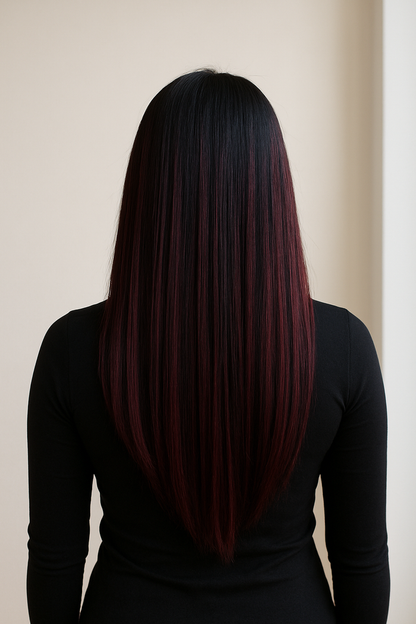 Natural Black & Burgundy Highlight #1B/Burgundy Tape-In Hair Extensions – 100% Remy Human Hair | 20 Tapes (50g) | 10’’–30’’ | Reusable
