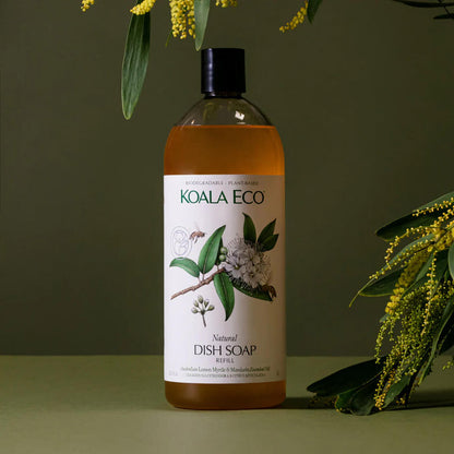 Plastic refill bottle of lemon myrtle and mandarin natural dish soap styled with plants on a surface.