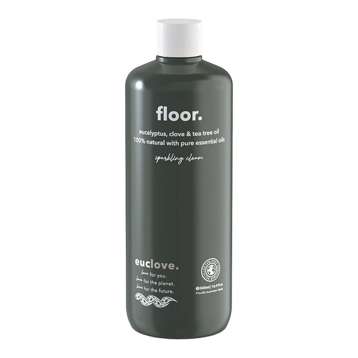500ml bottle of Euclove Natural Floor Cleaner with eucalyptus, clove, and tea tree oil.