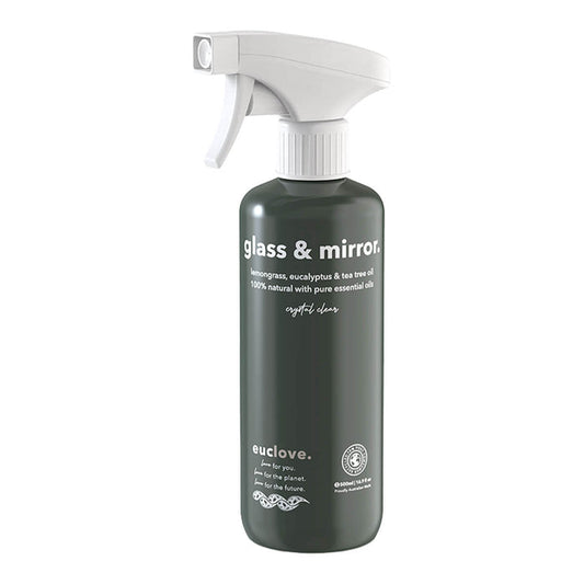 500ml spray bottle of Euclove Natural Glass & Mirror Cleaner with lemongrass, eucalyptus, and tea tree oil.