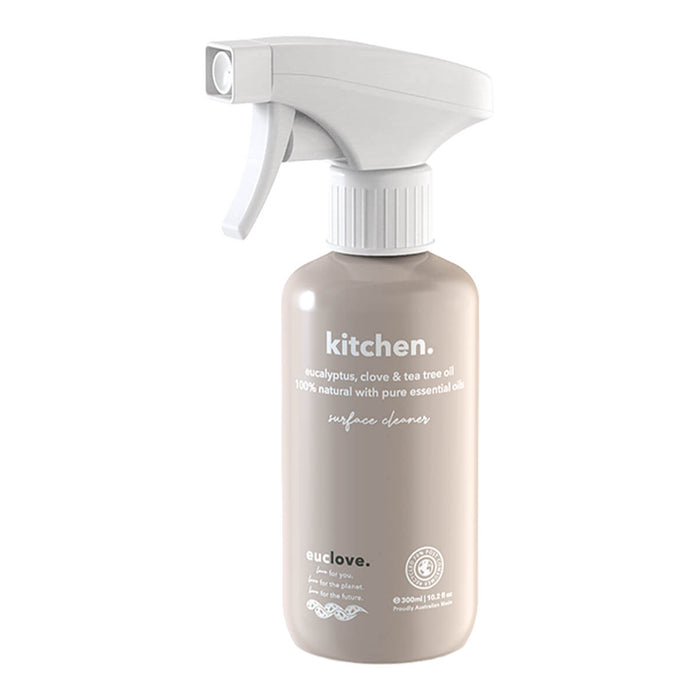 300ml spray bottle of Euclove Natural Kitchen Cleaner with eucalyptus, clove, and tea tree oil.
