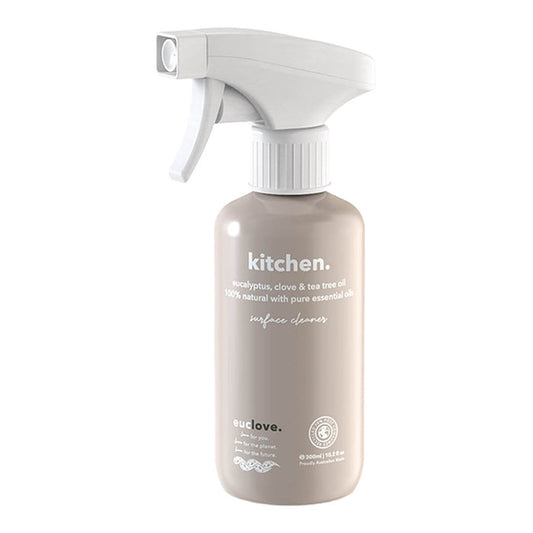300ml spray bottle of Euclove Natural Kitchen Cleaner with eucalyptus, clove, and tea tree oil.