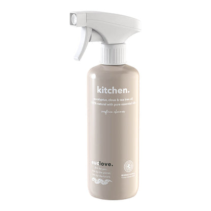 500ml spray bottle of Euclove Natural Kitchen Cleaner with eucalyptus, clove, and tea tree oil.