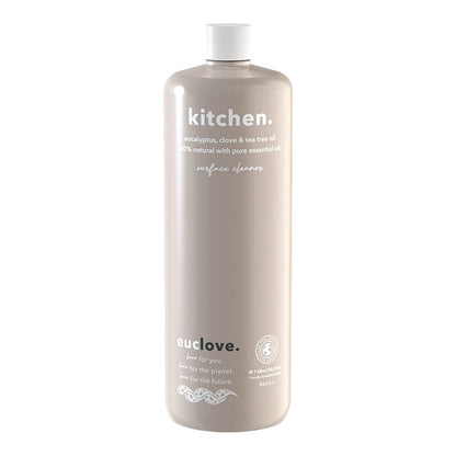 1L refill bottle of Euclove Natural Kitchen Cleaner with eucalyptus, clove, and tea tree oil.