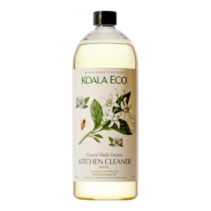 Refill bottle of natural multi-purpose kitchen cleaner with Australian lemon myrtle and mandarin essential oil.