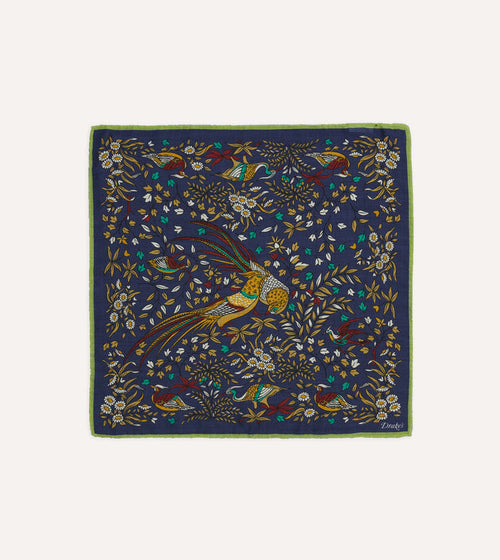 Navy Birds of Paradise Print Wool-Silk Pocket Square