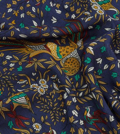 Navy Birds of Paradise Print Wool-Silk Pocket Square