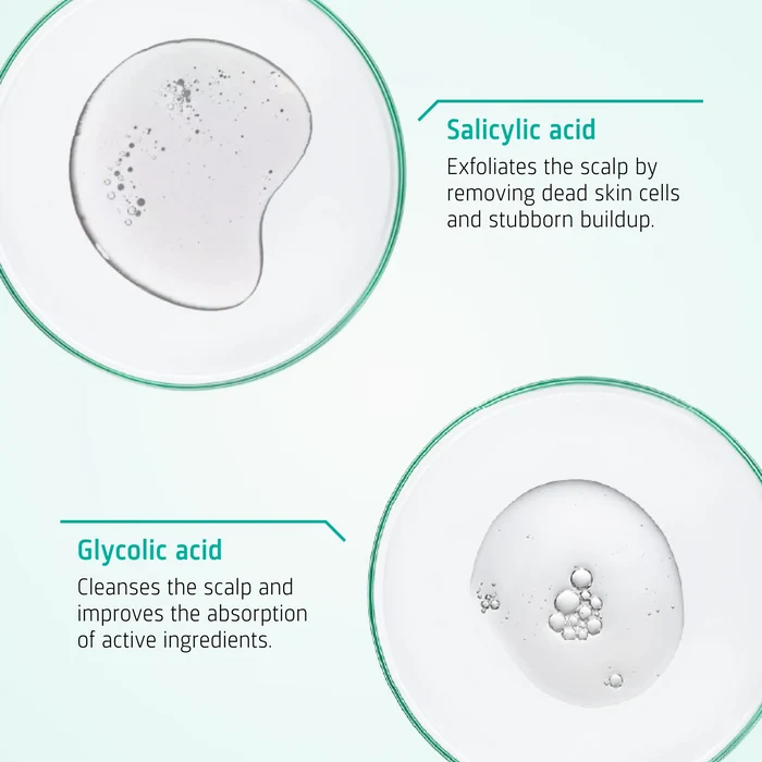 Key ingredients in Neofollics Scalp Therapy Peeling Serum including salicylic and glycolic acid