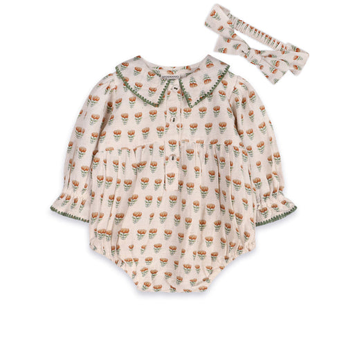 Nira Block Print Floral Baby Romper & Headband Set (Linen Blend)