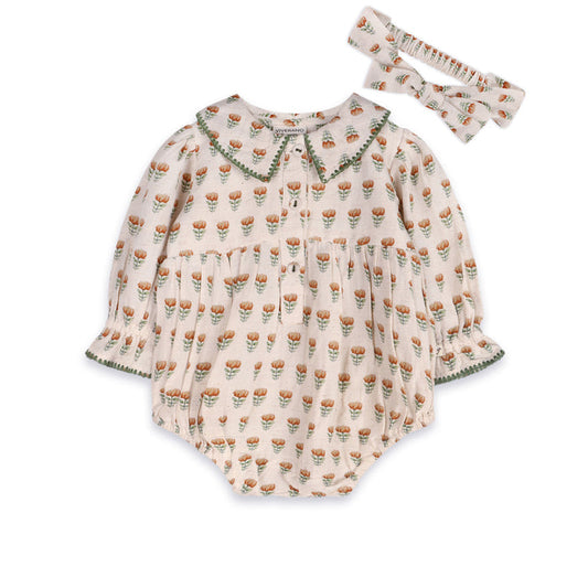 Nira Block Print Floral Baby Romper & Headband Set (Linen Blend)