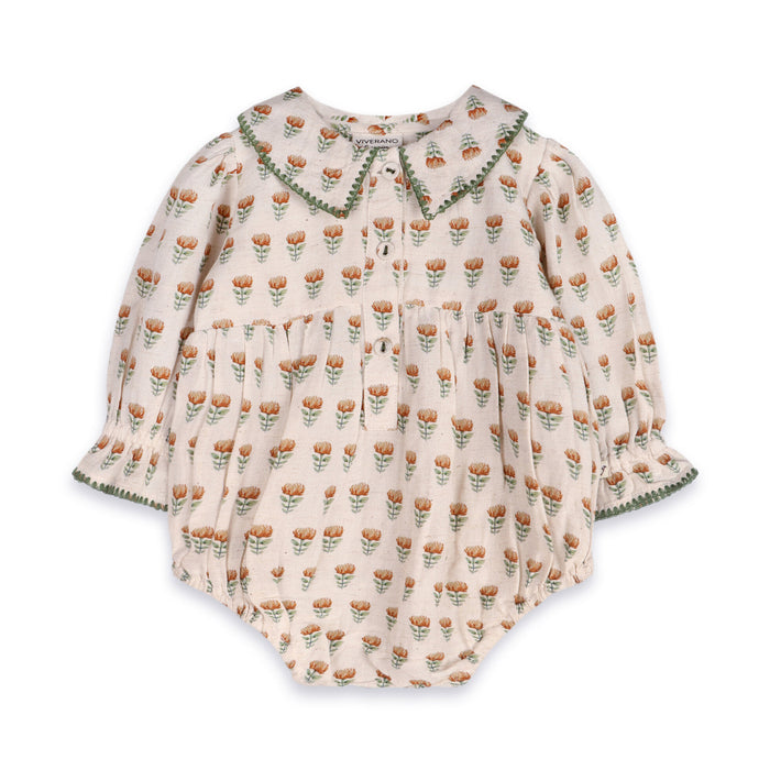 Nira Block Print Floral Baby Romper & Headband Set (Linen Blend)