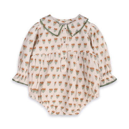Nira Block Print Floral Baby Romper & Headband Set (Linen Blend)