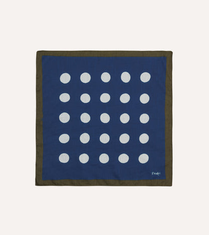 Olive, Navy and Ecru Large Spots Print Cotton-Silk Pocket Square