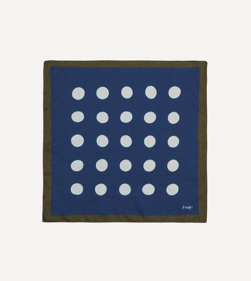 Olive, Navy and Ecru Large Spots Print Cotton-Silk Pocket Square