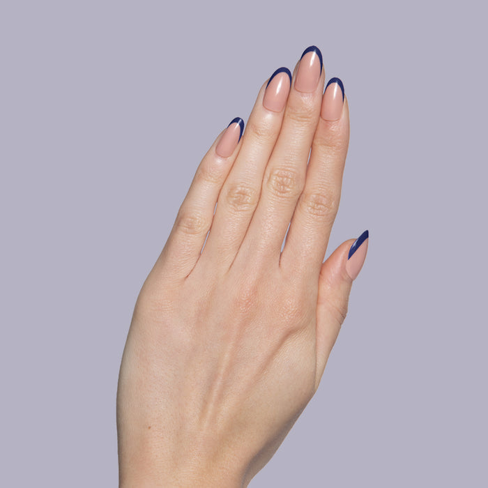 OMG Classic French Press-Ons | Round | Extra Short with nude base and deep navy tips on short round false nails manicure