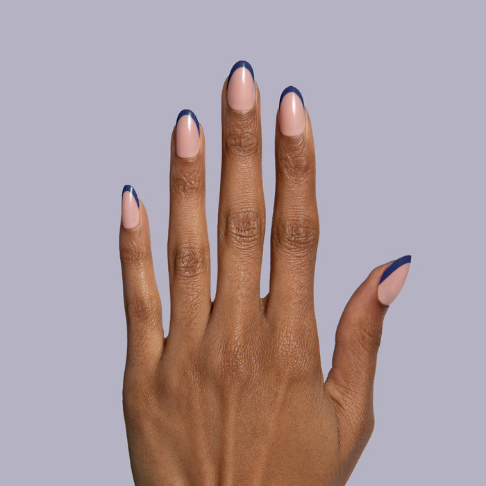 OMG Classic French Press-Ons | Round | Extra Short with nude base and deep navy tips on short round false nails manicure