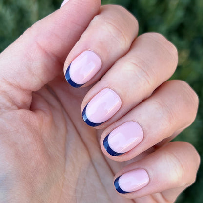 OMG Classic French Press-Ons | Round | Extra Short with pale pink base and deep navy tips for a quick at-home mani