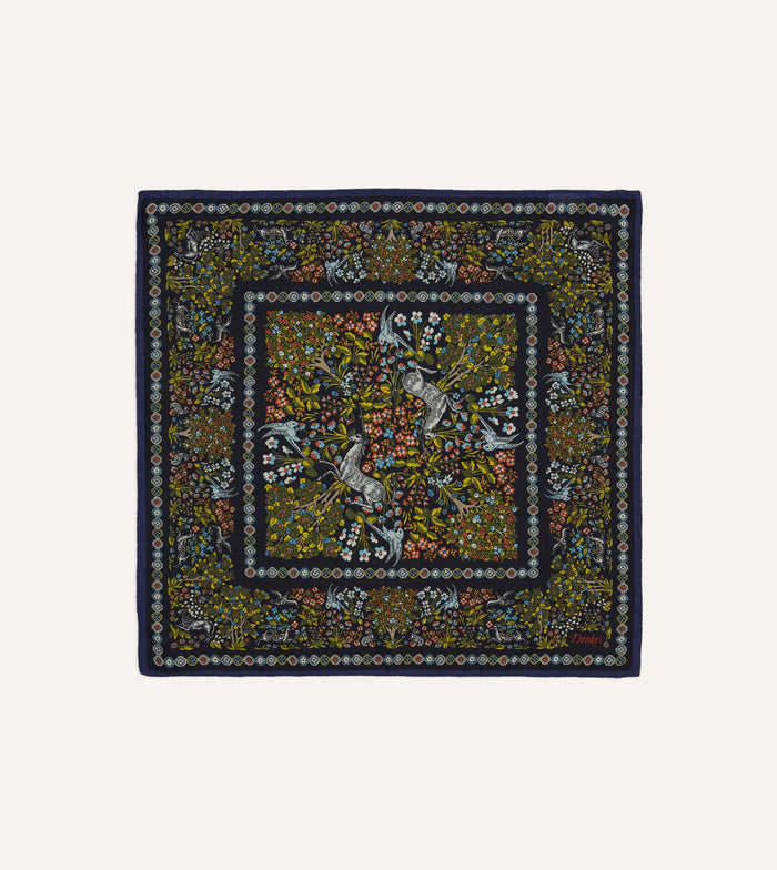 Orange Floral Unicorn Print Wool-Silk Pocket Square
