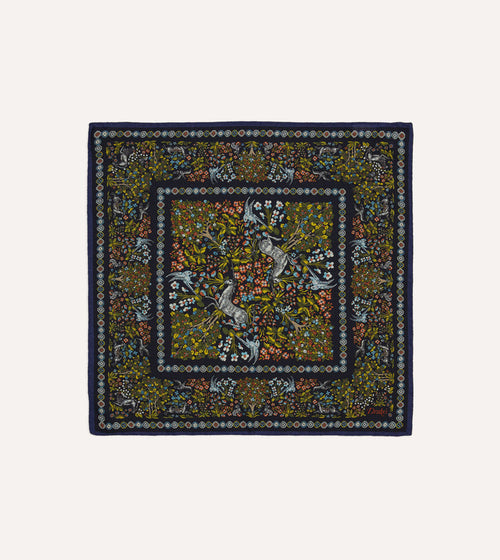 Orange Floral Unicorn Print Wool-Silk Pocket Square