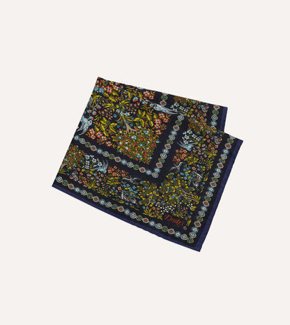 Orange Floral Unicorn Print Wool-Silk Pocket Square