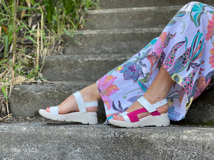 Quality European women's sandals. Made in Spain of leather, comfortable wedge sole unit. In Fuschia/fuxia/ fuchsia colour.