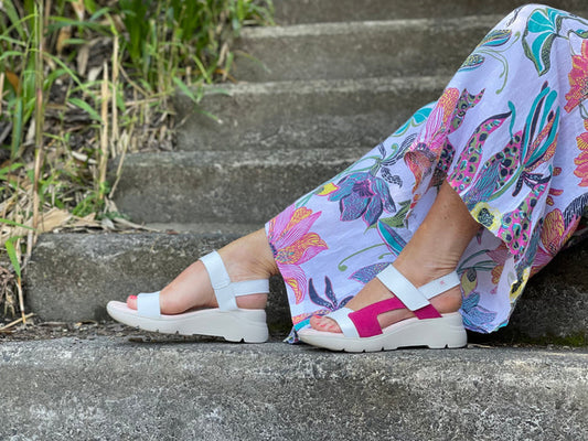 Quality European women's sandals. Made in Spain of leather, comfortable wedge sole unit. In Fuschia/fuxia/ fuchsia colour.