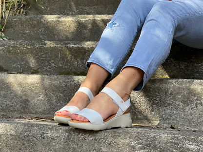 Quality European made women's sandals. Made in Spain, comfortable wedge sandals great for travel or work. In white.