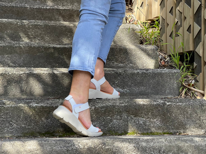 Quality European made women's sandals. Made in Spain, comfortable wedge sandals great for travel or work. In white.