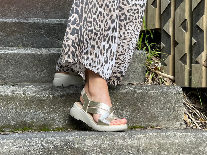 Quality European women's sandals. Made in Spain from soft leather. Comfortable, flexible sandal, all day comfort. In Gold.