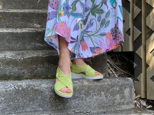 Quality European women's sandals. Made in Spain, comfortable wedge sandals in soft nubuck leather. In lime green.
