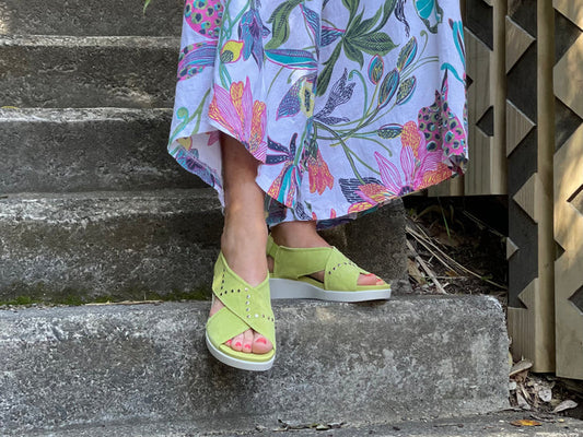 Quality European women's sandals. Made in Spain, comfortable wedge sandals in soft nubuck leather. In lime green.