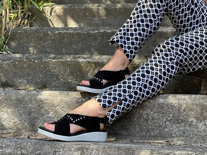 Quality European women's sandals. Made in Spain, comfortable wedge sandals in soft nubuck leather. In black.