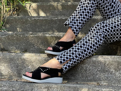 Quality European women's sandals. Made in Spain, comfortable wedge sandals in soft nubuck leather. In black.