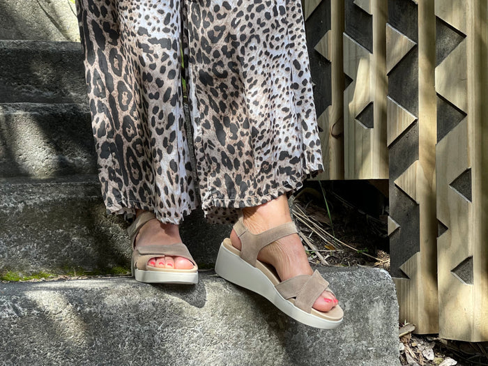 Quality European women's sandals. Made in Spain, soft leather sandals with flexible footbed. Wedge sandals in Sand