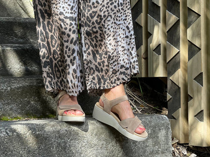 Quality European women's sandals. Made in Spain, soft leather sandals with flexible footbed. Wedge sandals in Sand