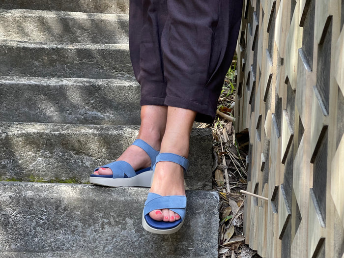 Quality European women's sandals. Made in Spain, soft leather sandals with flexible footbed. Wedge sandals in denim.