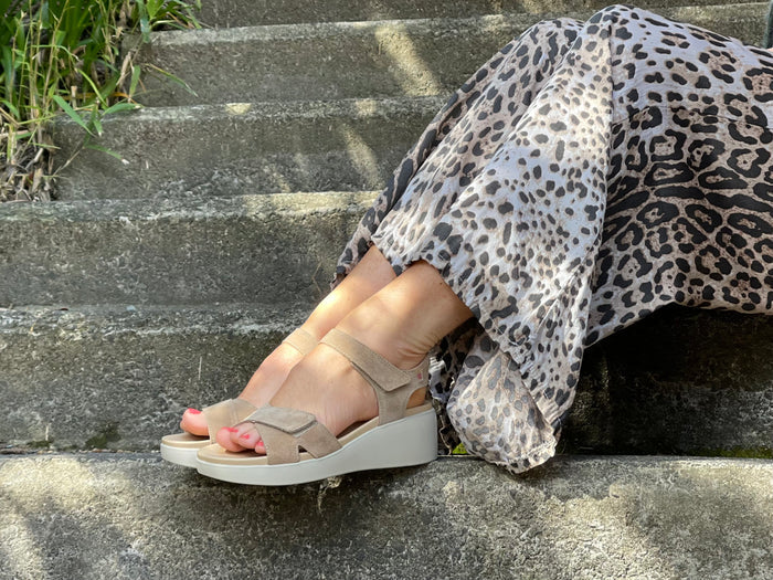 Quality European women's sandals. Made in Spain, soft leather sandals with flexible footbed. Wedge sandals in sand.