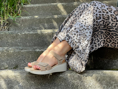 Quality European women's sandals. Made in Spain, soft leather sandals with flexible footbed. Wedge sandals in sand.