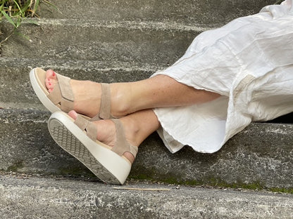 Quality European women's sandals. Made in Spain, soft leather sandals with flexible footbed. Wedge sandals in sand.