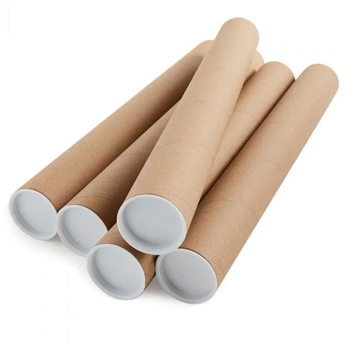 Five hopelessrecords brown poster tubes with white plastic end caps, fanned on a white background—ideal for keeping posters secure during shipping.