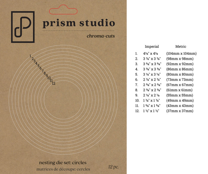 Prism Studio - Dies - Nesting Circles. Sized to fit an A2 card 12 pieces total. Available at Embellish Away located in Bowmanville Ontario Canada.